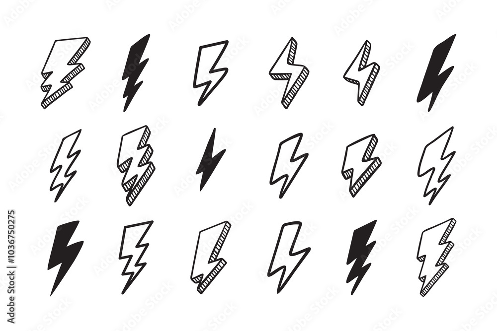 Hand drawn vector doodle electric lightning bolt set. Lightning symbol sketch symbol doodle icon. Hand drawn vector doodle electric lightning bolt set. Lightning symbol sketch symbol doodle icon.