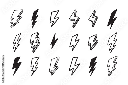 Hand drawn vector doodle electric lightning bolt set. Lightning symbol sketch symbol doodle icon.