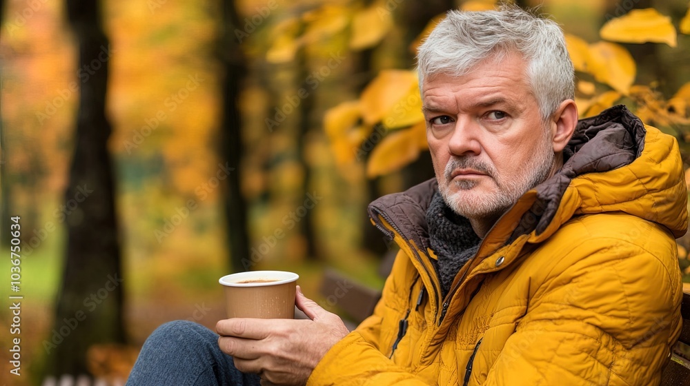 Middle-aged man with slight tremor holding cup of coffee on park bench, symbolizing struggle with Parkinson's disease, calm natural setting. Middle-aged man with slight tremor holding cup of coffee on park bench, symbolizing struggle with Parkinson's disease, calm natural setting.