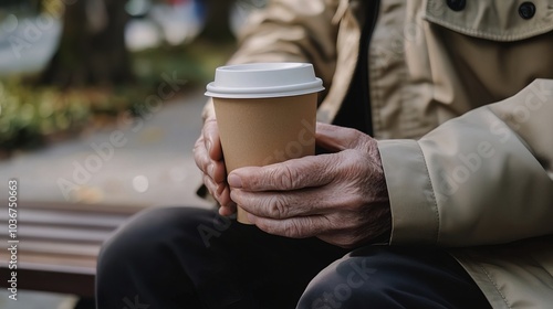 Middle-aged man with slight tremor holding cup of coffee on park bench, symbolizing struggle with Parkinson's disease, calm natural setting.