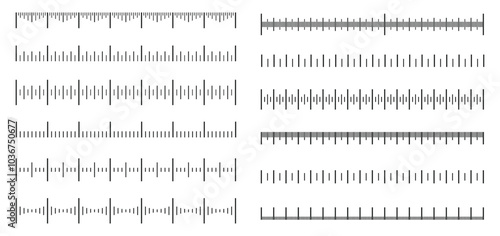 Measuring scales. Ruler scale and measurement lines, precise linear increments and size indicators. Distance markup with divisions horizontal isolated vector set.