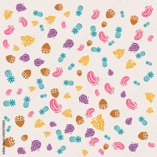 Fruit icons in pattren design pattern with various colors and shapes