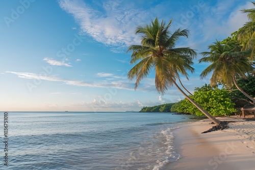 Tropical Beach Paradise: Serene sunrise over a pristine Caribbean beach, palm trees gently swaying in the warm breeze. Escape to tranquility. 