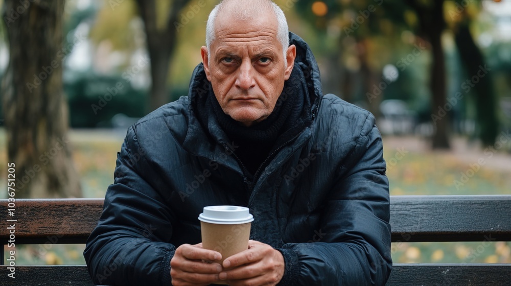 Middle-aged man with slight tremor holding cup of coffee on park bench, symbolizing struggle with Parkinson's disease, calm natural setting. Middle-aged man with slight tremor holding cup of coffee on park bench, symbolizing struggle with Parkinson's disease, calm natural setting.