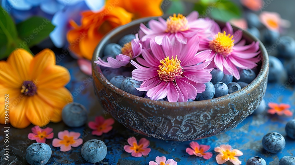 Close-Up of Pink Flowers and Blueberries in a Rustic Bowl Close-Up of Pink Flowers and Blueberries in a Rustic Bowl