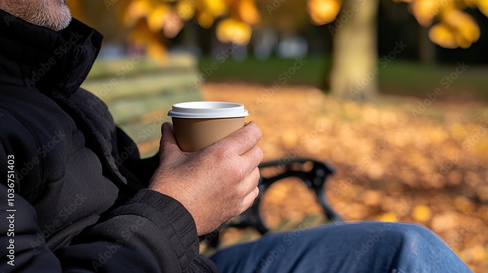 Middle-aged man with slight tremor holding cup of coffee on park bench, symbolizing struggle with Parkinson's disease, calm natural setting. Middle-aged man with slight tremor holding cup of coffee on park bench, symbolizing struggle with Parkinson's disease, calm natural setting.