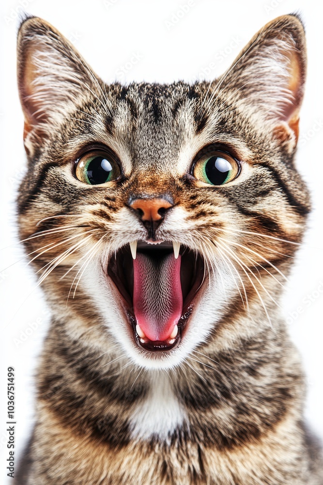 Fototapeta premium Surprised Tabby Cat with Mouth Wide Open, Showing Teeth and Tongue on White Background