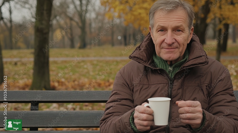 Middle-aged man with slight tremor holding cup of coffee on park bench, symbolizing struggle with Parkinson's disease, calm natural setting. Middle-aged man with slight tremor holding cup of coffee on park bench, symbolizing struggle with Parkinson's disease, calm natural setting.