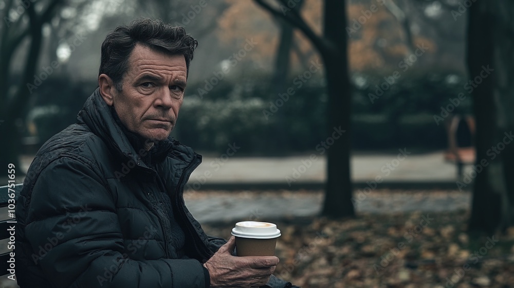 Middle-aged man with slight tremor holding cup of coffee on park bench, symbolizing struggle with Parkinson's disease, calm natural setting. Middle-aged man with slight tremor holding cup of coffee on park bench, symbolizing struggle with Parkinson's disease, calm natural setting.