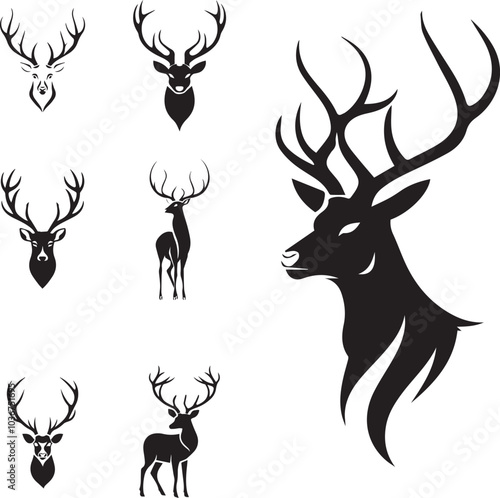 Elegant Black and White Vector Deer with Long Antlers Design