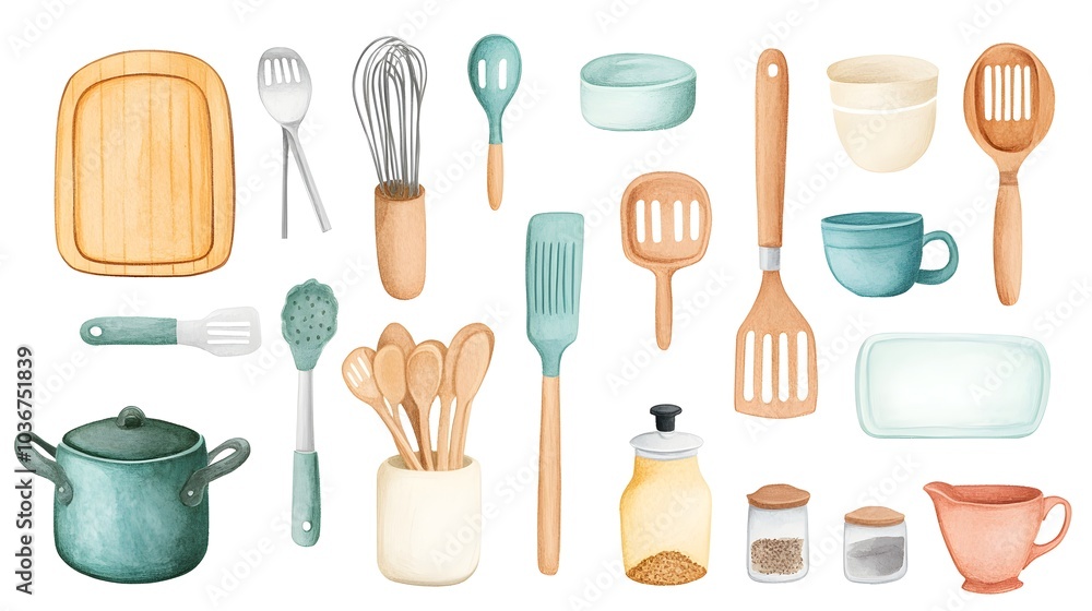 Watercolor Kitchen Utensils Set Cooking Tools Baking Supplies Hand Painted Illustration Watercolor Kitchen Utensils Set Cooking Tools Baking Supplies Hand Painted Illustration