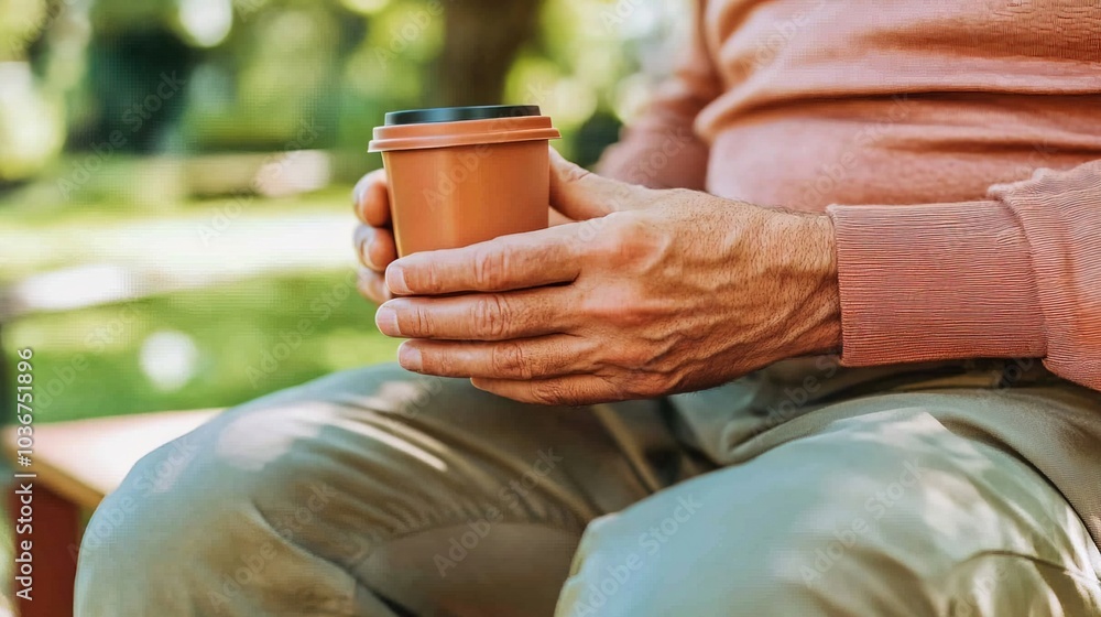 Middle-aged man with slight tremor holding cup of coffee on park bench, symbolizing struggle with Parkinson's disease, calm natural setting. Middle-aged man with slight tremor holding cup of coffee on park bench, symbolizing struggle with Parkinson's disease, calm natural setting.