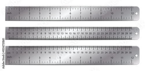 Metal ruler. Dual measurements rulers with precise metric and imperial scales. 12 inches, 30 centimeters and mixed markup scale measurement tool. Realistic metallic meter instrument vector set.