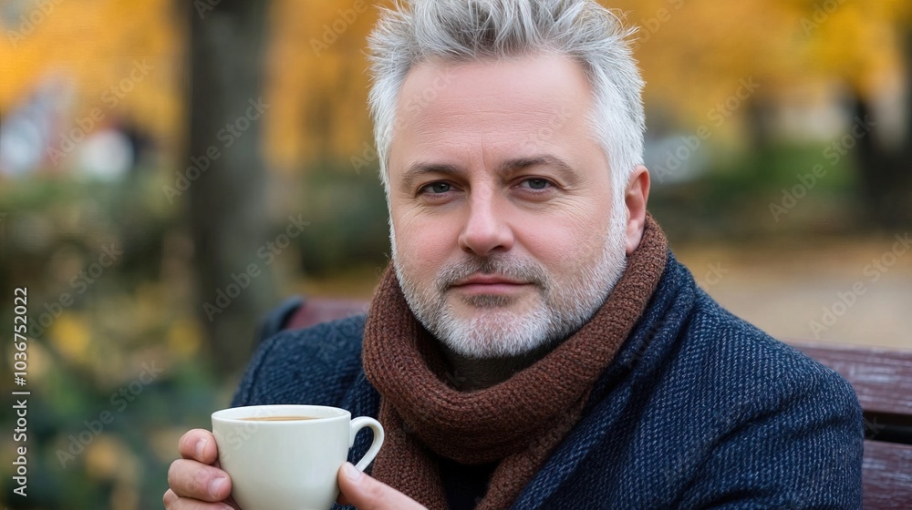 Middle-aged man with slight tremor holding cup of coffee on park bench, symbolizing struggle with Parkinson's disease, calm natural setting. Middle-aged man with slight tremor holding cup of coffee on park bench, symbolizing struggle with Parkinson's disease, calm natural setting.