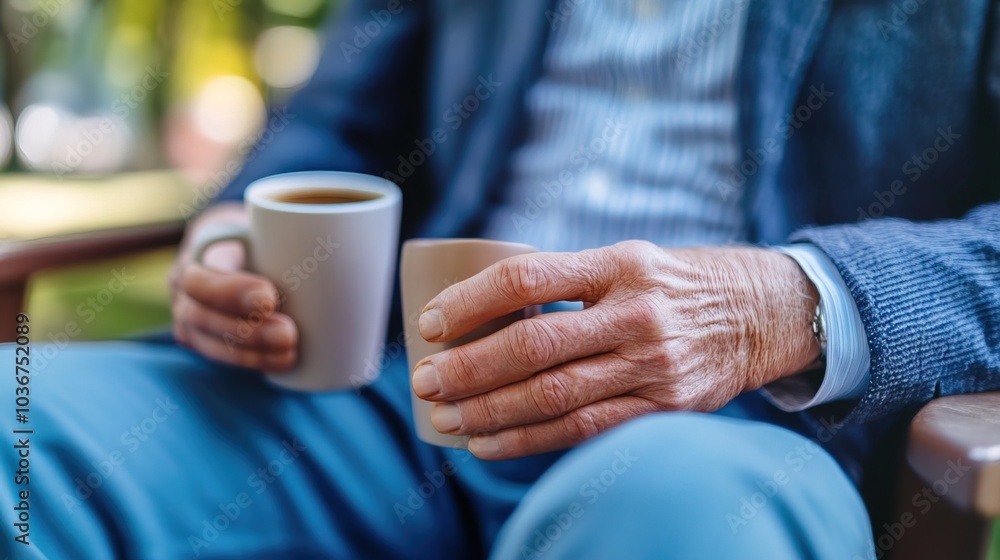 Middle-aged man with slight tremor holding cup of coffee on park bench, symbolizing struggle with Parkinson's disease, calm natural setting. Middle-aged man with slight tremor holding cup of coffee on park bench, symbolizing struggle with Parkinson's disease, calm natural setting.