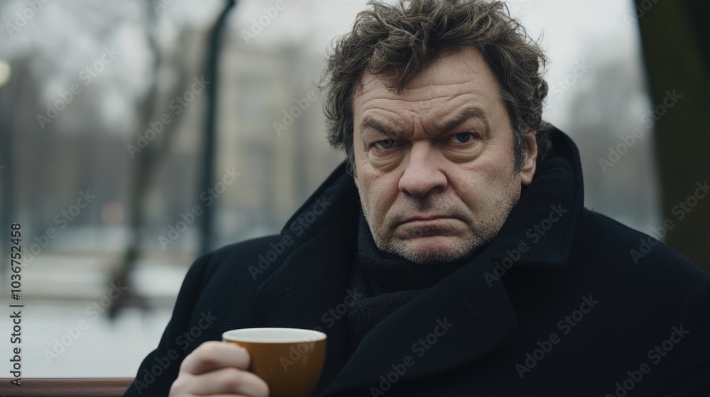 Middle-aged man with slight tremor holding cup of coffee on park bench, symbolizing struggle with Parkinson's disease, calm natural setting. Middle-aged man with slight tremor holding cup of coffee on park bench, symbolizing struggle with Parkinson's disease, calm natural setting.