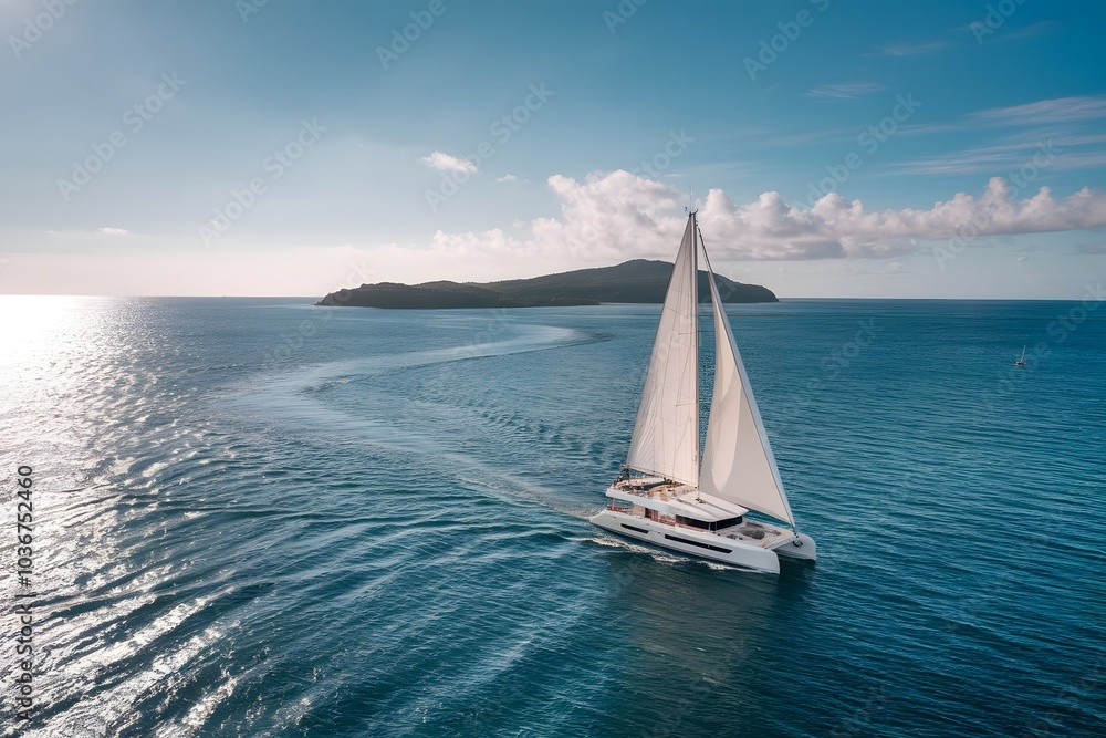 Obraz premium A pristine sailboat gently cruising across deep blue ocean waters 