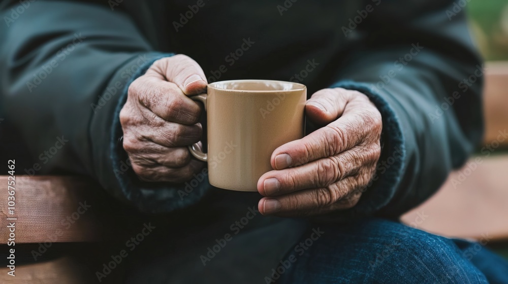 Middle-aged man with slight tremor holding cup of coffee on park bench, symbolizing struggle with Parkinson's disease, calm natural setting. Middle-aged man with slight tremor holding cup of coffee on park bench, symbolizing struggle with Parkinson's disease, calm natural setting.