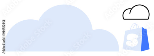 Large light blue cloud with a small black and white cloud at the top right and a blue shopping bag with an S in the center. Ideal for online shopping, cloud computing, storage, ecommerce, minimalism