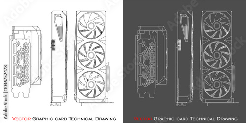 GPU Graphic card triple fan vector blueprint line technical drawing isolated on transparent background
