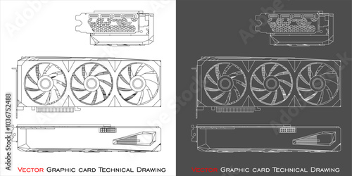 Set GPU Graphic card triple fan vector blueprint line technical drawing isolated on transparent background
