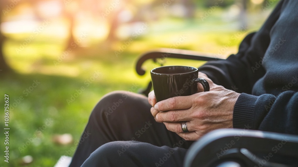 Middle-aged man with slight tremor holding cup of coffee on park bench, symbolizing struggle with Parkinson's disease, calm natural setting. Middle-aged man with slight tremor holding cup of coffee on park bench, symbolizing struggle with Parkinson's disease, calm natural setting.