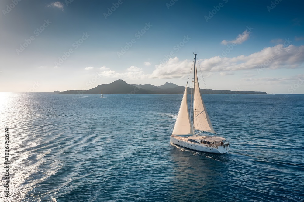 Obraz premium A pristine sailboat gently cruising across deep blue ocean waters