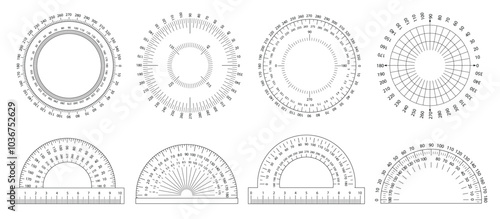 Protractor ruler. Angle measurement tool, circular scale and semicircular protractor with ruler markings. Measuring circle with 360 and 180 degree coordinates vector set.