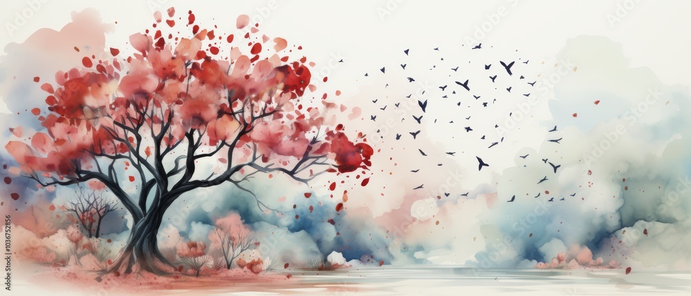 Fototapeta premium Serene Watercolor Landscape with Tree and Birds