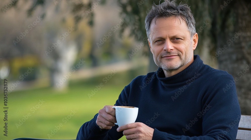 Middle-aged man with slight tremor holding cup of coffee on park bench, symbolizing struggle with Parkinson's disease, calm natural setting. Middle-aged man with slight tremor holding cup of coffee on park bench, symbolizing struggle with Parkinson's disease, calm natural setting.