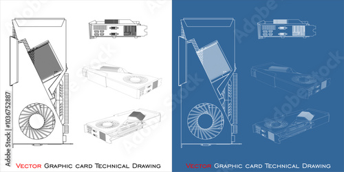 GPU Graphic card single fan vector blueprint line technical drawing isolated on transparent background
