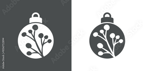 Tiempo de Navidad. Logo con silueta de bola de navidad con rama con bayas de muérdago o acebo para tarjetas y felicitaciones