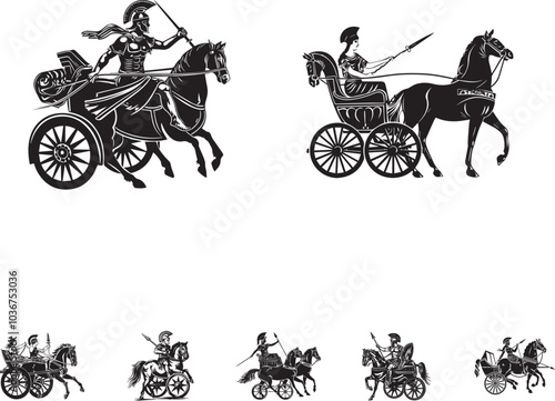 Elegant Black and White Vector of Ancient Greek Chariot