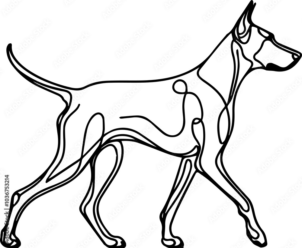Obraz premium Black Line Art Style Doberman Dog Calm Walking Pose Hand Drawn Illustration