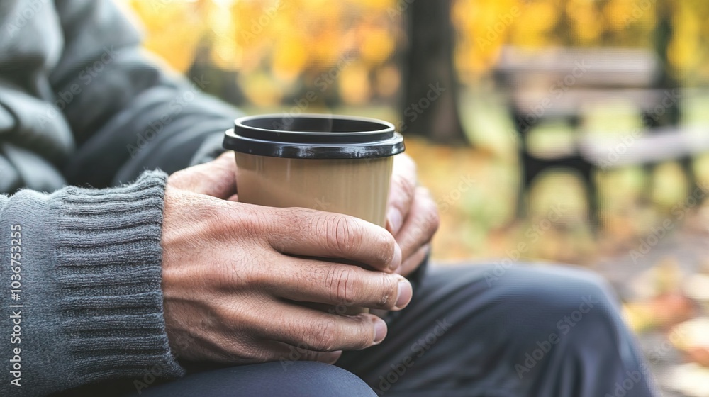 Middle-aged man with slight tremor holding cup of coffee on park bench, symbolizing struggle with Parkinson's disease, calm natural setting. Middle-aged man with slight tremor holding cup of coffee on park bench, symbolizing struggle with Parkinson's disease, calm natural setting.