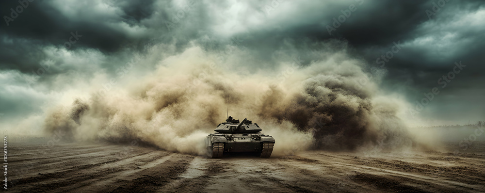 Fototapeta premium Mighty Armored Vehicle Stirring Up Dust in an Aggressive Landscape