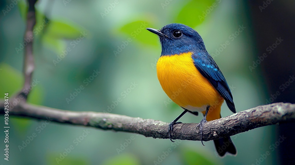 A vibrant blue and yellow bird perches on a branch, surrounded by lush greenery. A vibrant blue and yellow bird perches on a branch, surrounded by lush greenery.