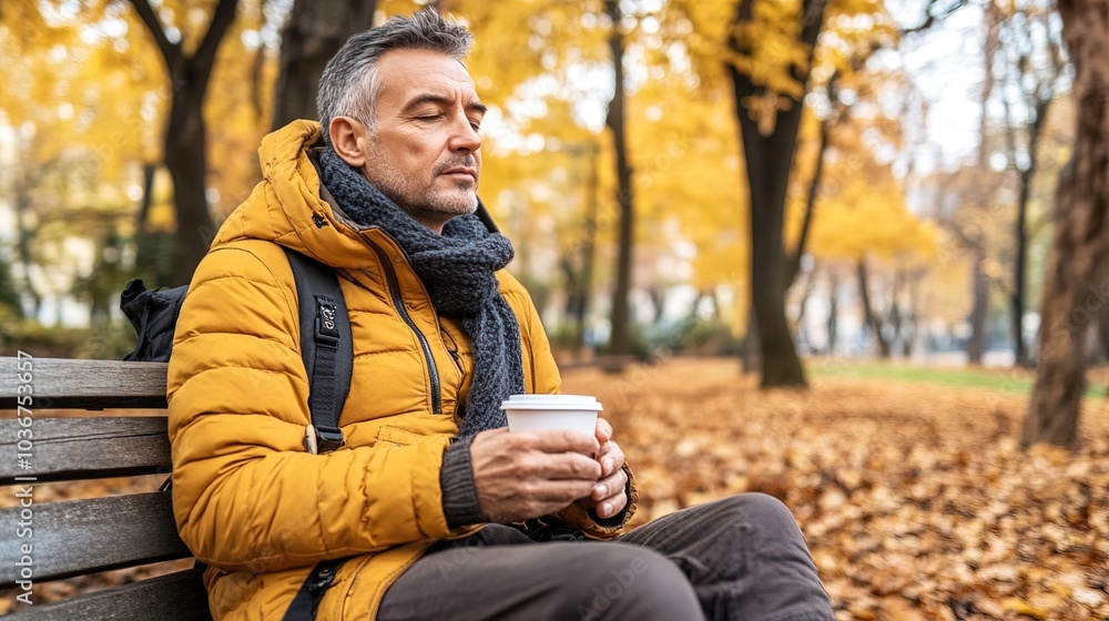 Middle-aged man with slight tremor holding cup of coffee on park bench, symbolizing struggle with Parkinson's disease, calm natural setting. Middle-aged man with slight tremor holding cup of coffee on park bench, symbolizing struggle with Parkinson's disease, calm natural setting.