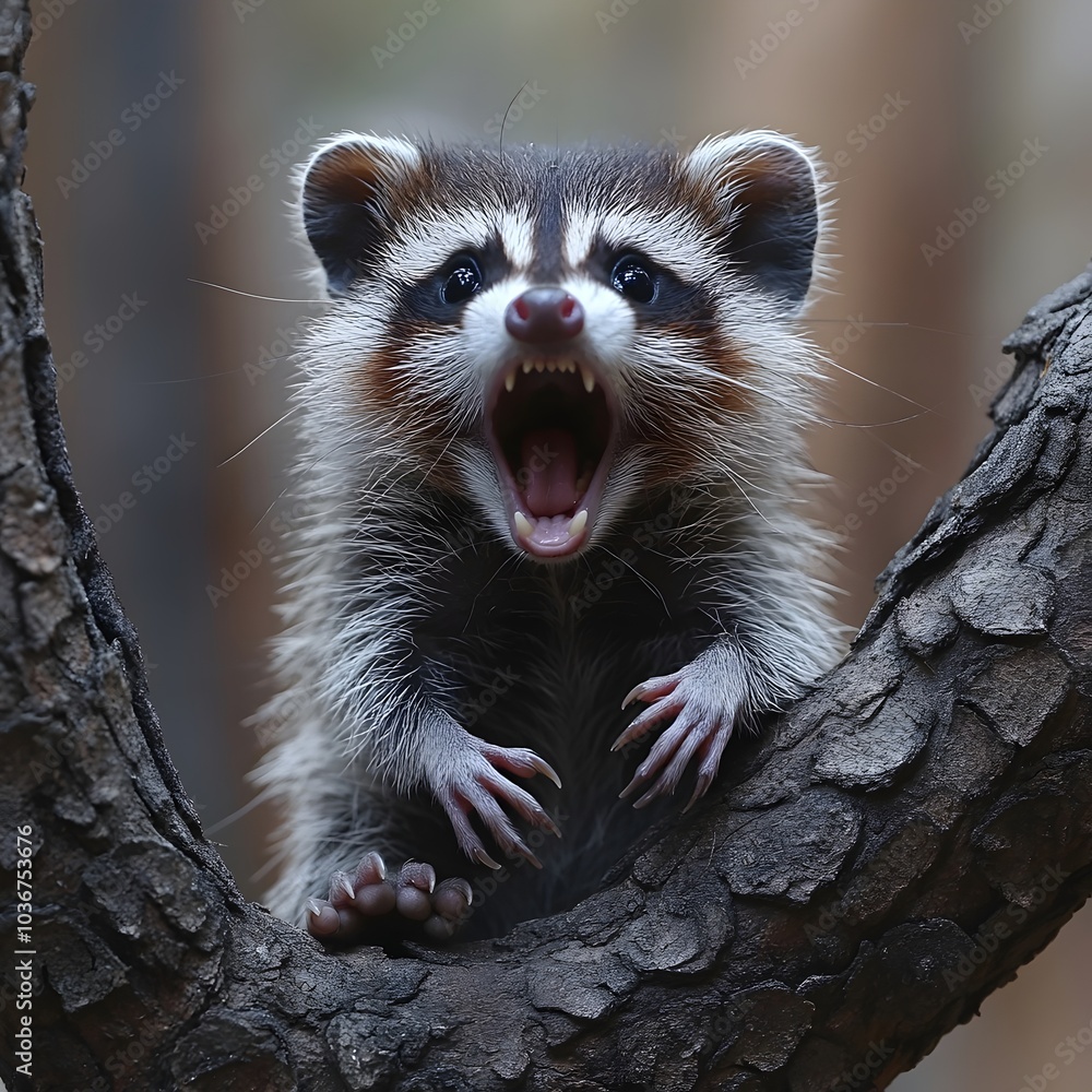 A playful juvenile raccoon perched on a tree branch, showcasing its sharp teeth and vibrant fur, set against a blurred forest background. The animal appears curious and animated. A playful juvenile raccoon perched on a tree branch, showcasing its sharp teeth and vibrant fur, set against a blurred forest background. The animal appears curious and animated.