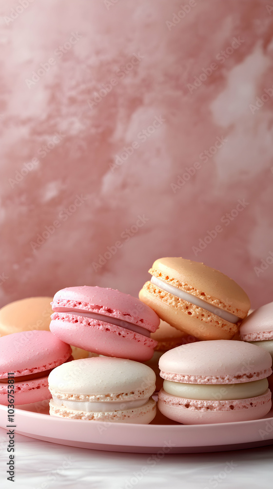 Obraz premium Deliciously Colored Macarons Styled Elegantly on a Soft Pink Plate