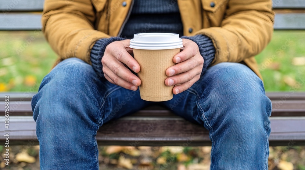 Middle-aged man with slight tremor holding cup of coffee on park bench, symbolizing struggle with Parkinson's disease, calm natural setting. Middle-aged man with slight tremor holding cup of coffee on park bench, symbolizing struggle with Parkinson's disease, calm natural setting.