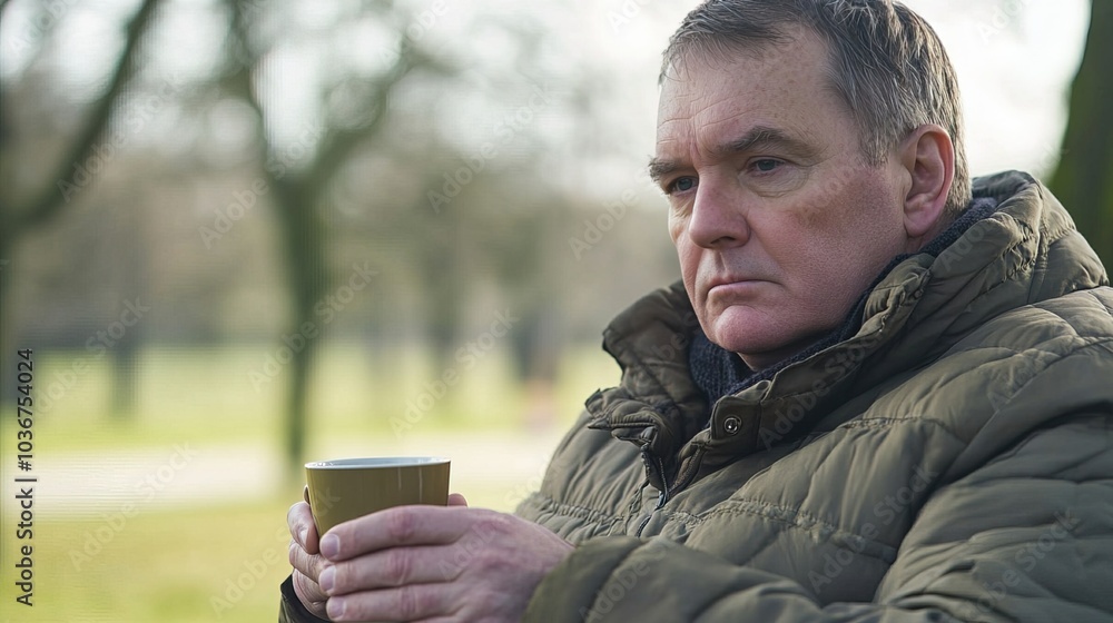 Middle-aged man with slight tremor holding cup of coffee on park bench, symbolizing struggle with Parkinson's disease, calm natural setting. Middle-aged man with slight tremor holding cup of coffee on park bench, symbolizing struggle with Parkinson's disease, calm natural setting.