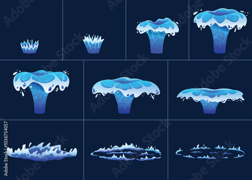 Water crown splash animation. Dynamic burst and splashing droplets with rebound effect and circular ripple. Fluid motion animated frames sequence cartoon vector set.