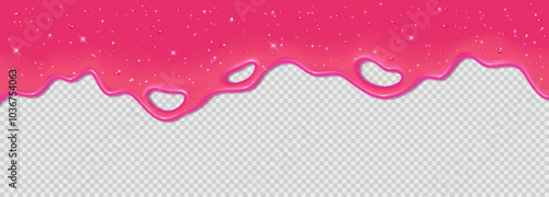 Realistic 3D dripping glossy pink slime with glitter isolated on transparent background. Border of flowing sticky sweet jelly. Vector template of chewing gum, cream or caramel icing for cake or donut
