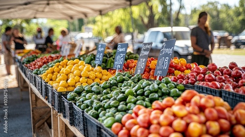 A vibrant display of fresh produce at a bustling farmers market, showcasing colorful tomatoes, avocados, lemons, and peppers.