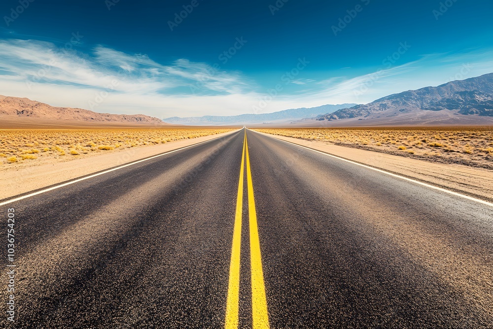 Fototapeta premium A Straight, Paved Road Extending Through a Desert Landscape Under a Blue Sky