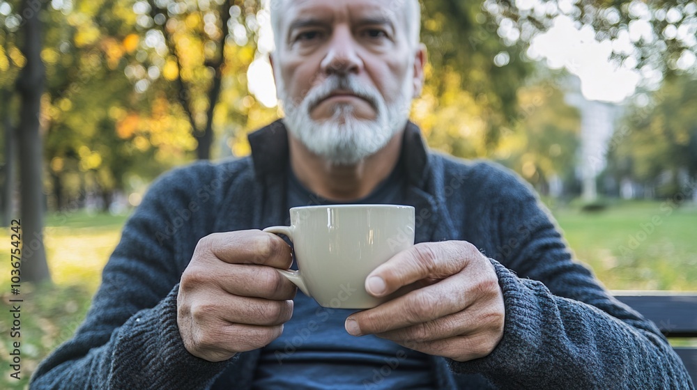 Middle-aged man with slight tremor holding cup of coffee on park bench, symbolizing struggle with Parkinson's disease, calm natural setting. Middle-aged man with slight tremor holding cup of coffee on park bench, symbolizing struggle with Parkinson's disease, calm natural setting.