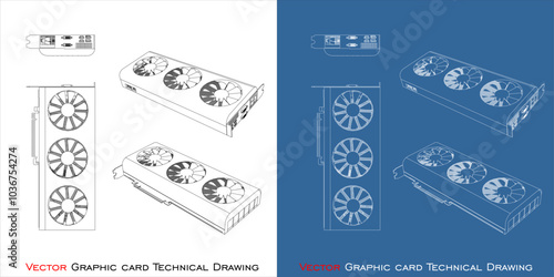 Set Vector GPU triple fan  VGA  line technical drawing blueprint isolated on transparent background