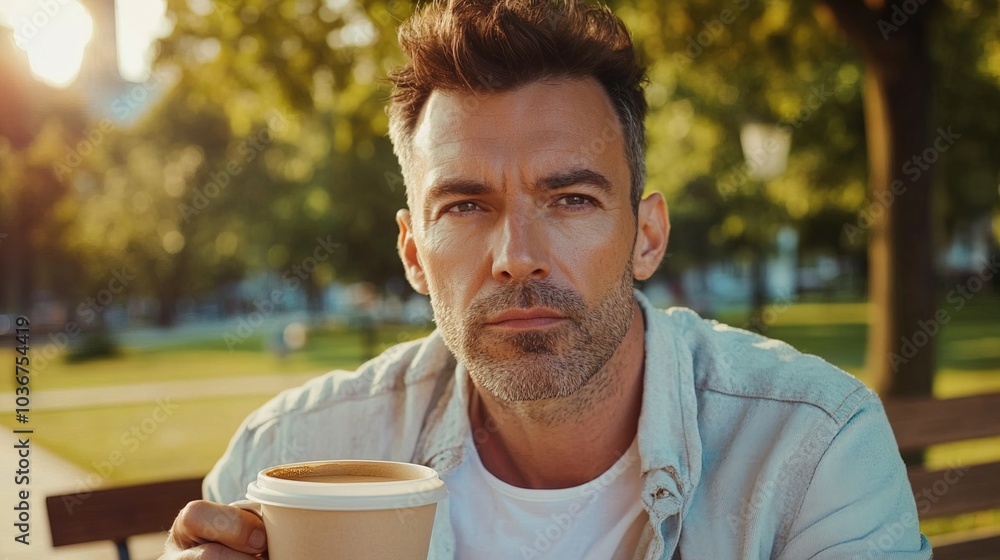Middle-aged man with slight tremor holding cup of coffee on park bench, symbolizing struggle with Parkinson's disease, calm natural setting. Middle-aged man with slight tremor holding cup of coffee on park bench, symbolizing struggle with Parkinson's disease, calm natural setting.