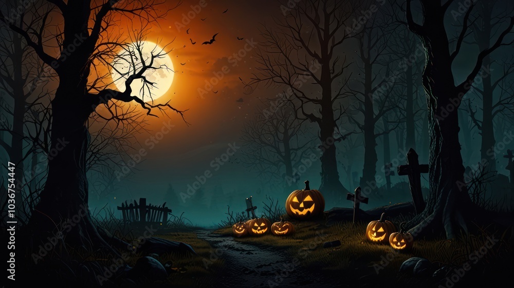 A spooky Halloween night scene with a full moon, bats, and jack-o-lanterns in a dark forest. A spooky Halloween night scene with a full moon, bats, and jack-o-lanterns in a dark forest.